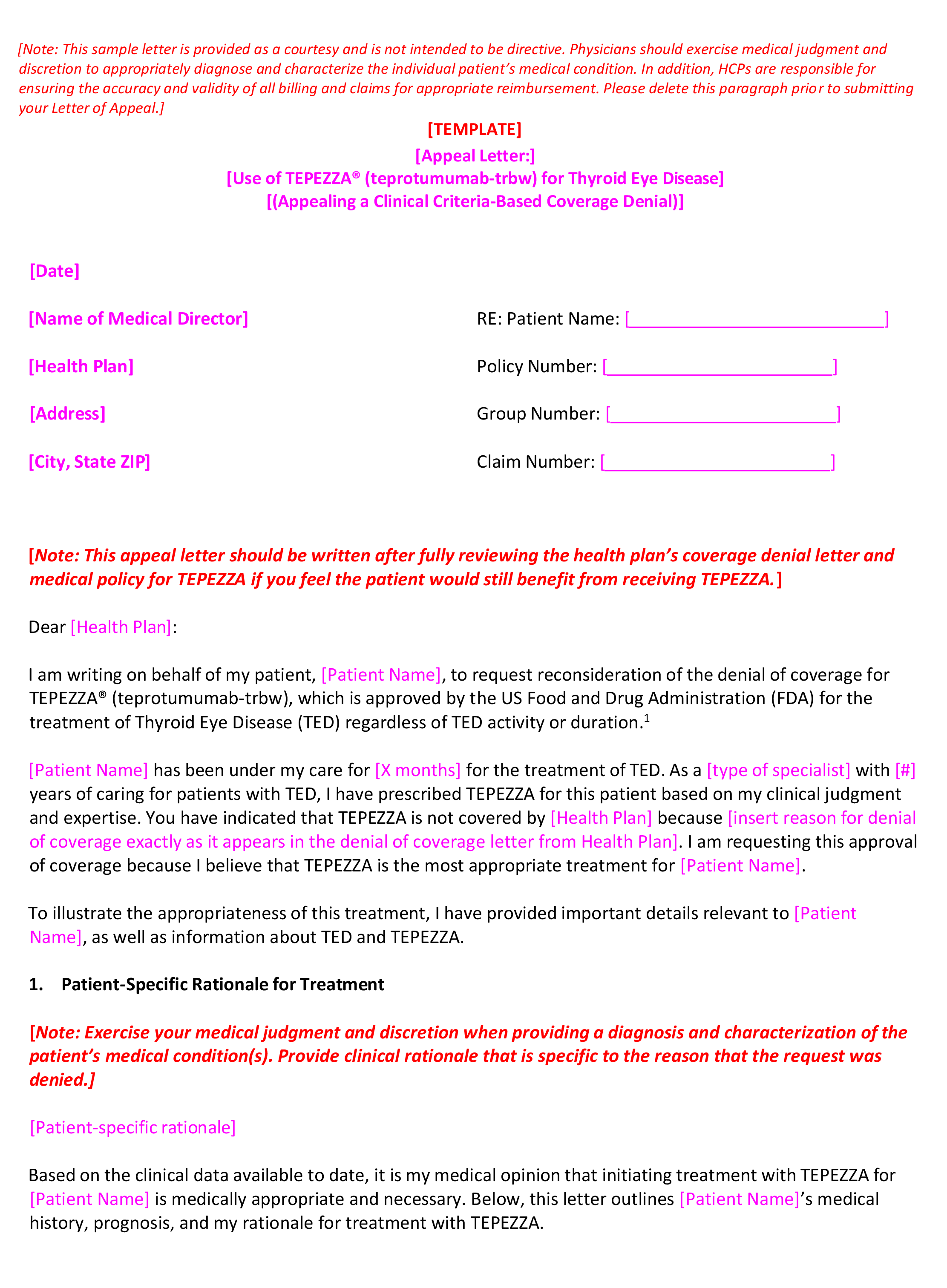 Payer Appeal Letter Template