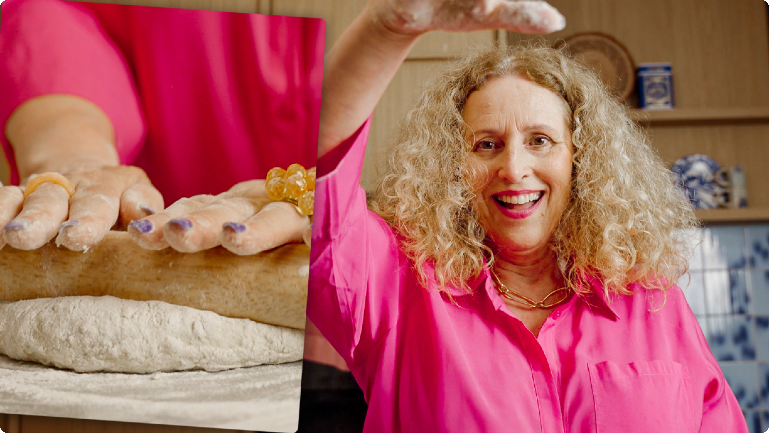 Een vrouw staat in de keuken en rolt deeg uit.