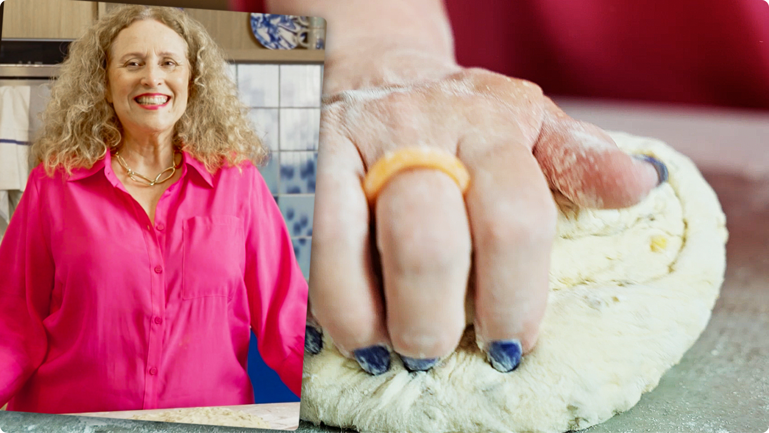 Een vrouw bereidt deeg; links rolt ze deeg uit, rechts strooit ze bloem in een keuken.