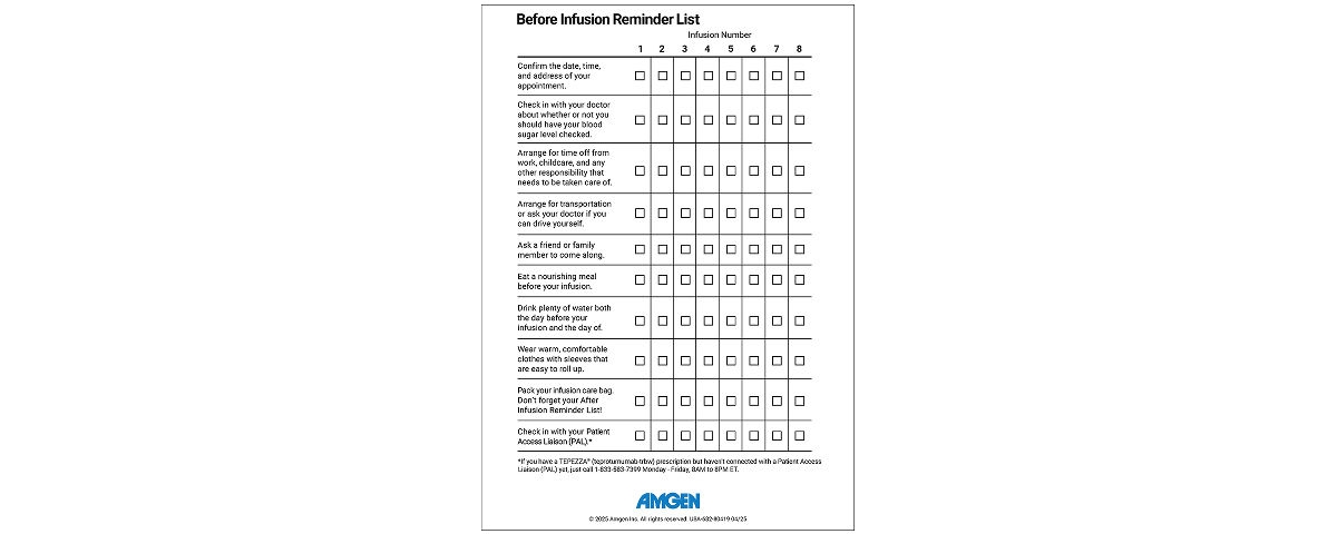 Tepezza Pre-Infusion Reminder List